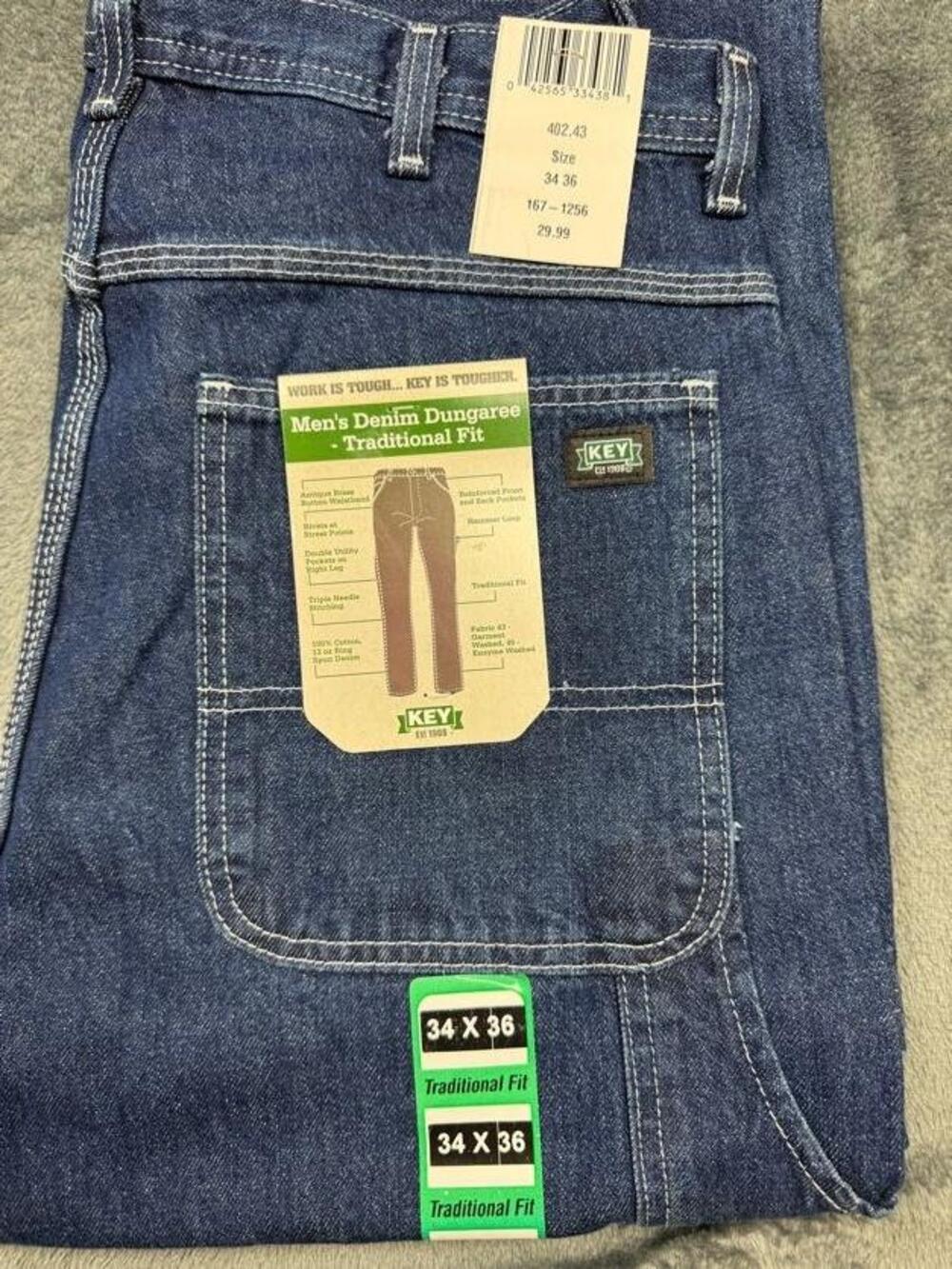 Key Denim Dungaree Jeans Mens 34x36 Blue Med Wash Traditional Fit Workwear